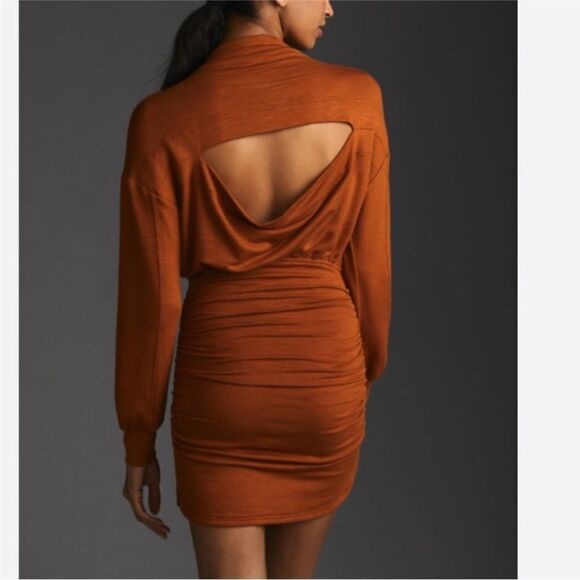 Anthropologie Daily Practice Burnt Orange Ruched Long Sleeve Mini Dress | M - Picture 3 of 10
